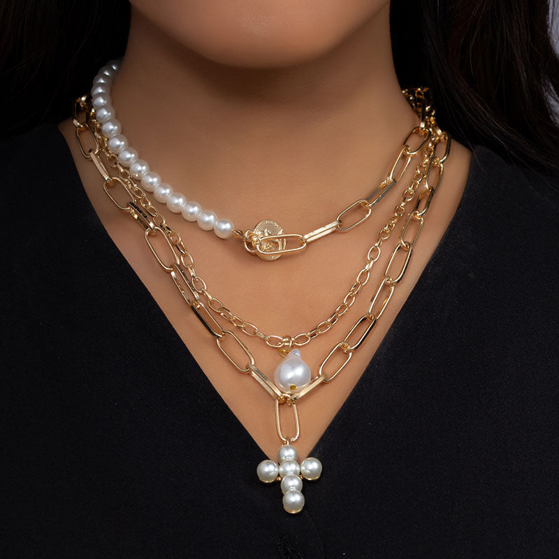 Multilayer Punk Irregular Pearl Cross Coin Pendant Choker Necklaces