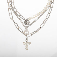 Load image into Gallery viewer, Multilayer Punk Irregular Pearl Cross Coin Pendant Choker Necklaces
