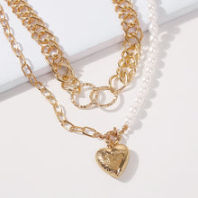 Load image into Gallery viewer, 2Pcs/Set Multilayer Half Chain Half Pearl Beaded Cuban Link Chain Heart Pendant Necklace
