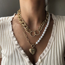 Load image into Gallery viewer, 2Pcs/Set Multilayer Half Chain Half Pearl Beaded Cuban Link Chain Heart Pendant Necklace
