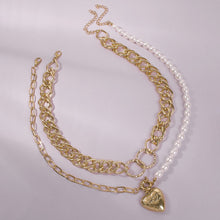 Load image into Gallery viewer, 2Pcs/Set Multilayer Half Chain Half Pearl Beaded Cuban Link Chain Heart Pendant Necklace
