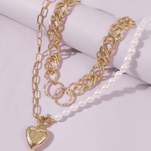 Load image into Gallery viewer, 2Pcs/Set Multilayer Half Chain Half Pearl Beaded Cuban Link Chain Heart Pendant Necklace
