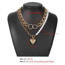 Load image into Gallery viewer, 2Pcs/Set Multilayer Half Chain Half Pearl Beaded Cuban Link Chain Heart Pendant Necklace
