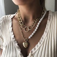 Load image into Gallery viewer, 2Pcs/Set Multilayer Half Chain Half Pearl Beaded Cuban Link Chain Heart Pendant Necklace
