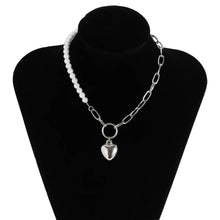 Load image into Gallery viewer, Half Chain Half Pearl Beaded Heart Pendant Choker Necklace
