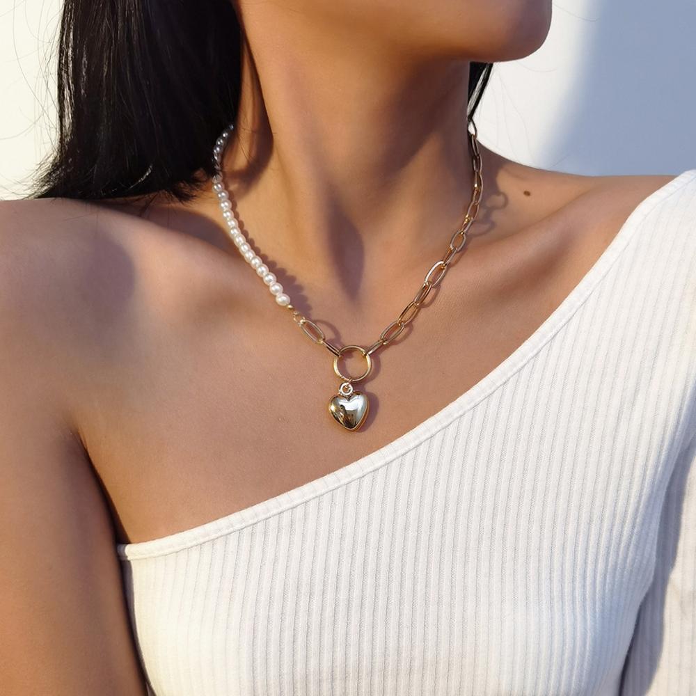 Half Chain Half Pearl Beaded Heart Pendant Choker Necklace