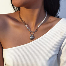 Load image into Gallery viewer, Half Chain Half Pearl Beaded Heart Pendant Choker Necklace
