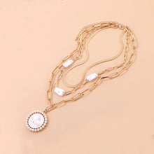 Load image into Gallery viewer, Multilayer Baroque Irregular Pearl Charm Snake Chain Coin Je t&#39;aime Pendant Choker Necklace
