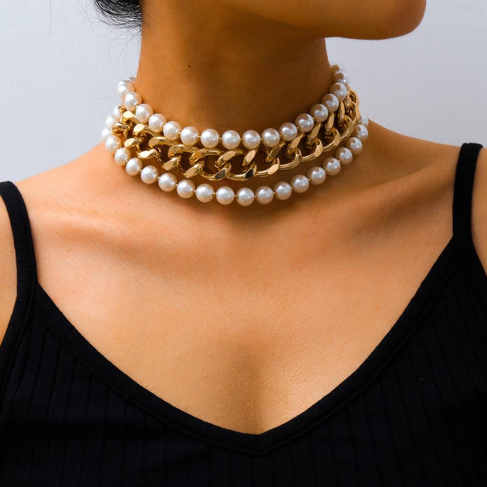 3pcs/1Set Multi Layer Punk Cuban Link Chain Pearl Strand Choker Necklace