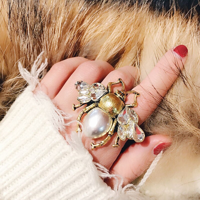 Designer Tenderness Vintage Pearl Bee Geometric Crystal Adjustable Ring