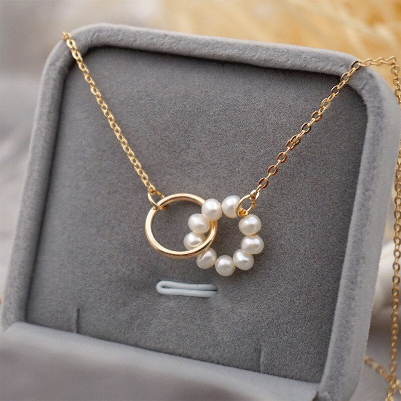 Phosphene Natural Pearl Beaded Double Circle Pendant Necklace