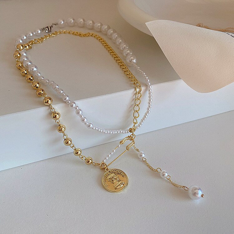 Vintage Double Layer Coin Pendant Necklace Women's Pearl Necklace Clavicle Chain Titanium Steel Plated 18K Gold