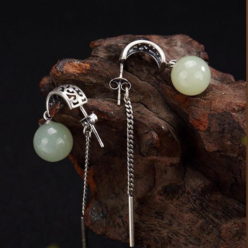 Ladies Long Vintage Natural Fine White Jade Inlaid Earrings Exquisite Fashion Jewelry