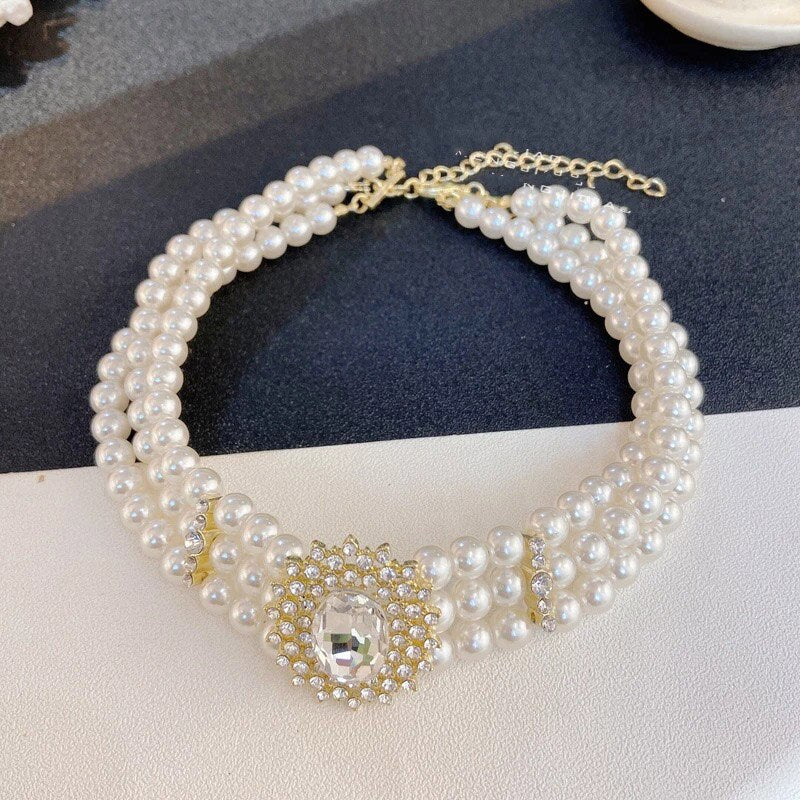 Handmade Luxury Multilayer Pearl beaded Crystal Pendant Choker Necklace