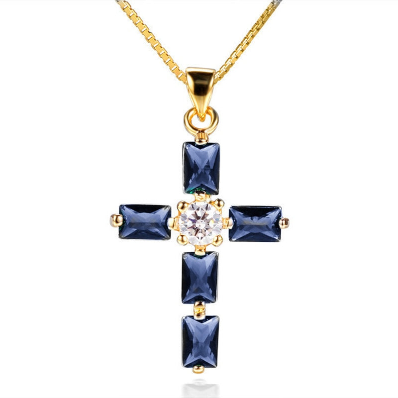 Faith Blue Cubic Zirconia Crystal Cross Pendant Necklace Chokers for Women