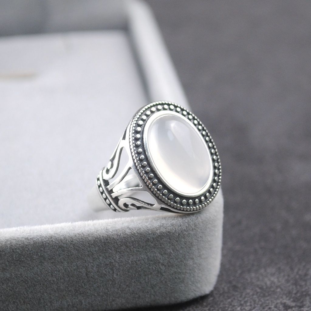 Natural White Chalcedony Opening Adjustable Ring Original Designer Craft Charm Women Thai Silver Brand Jewelry