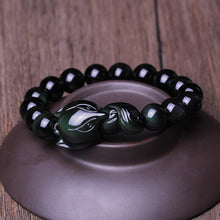 Load image into Gallery viewer, Handcrafted Natural Black Green Obsidian Beaded Fox Charm Bracelet
