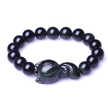 Load image into Gallery viewer, Handcrafted Natural Black Green Obsidian Beaded Fox Charm Bracelet
