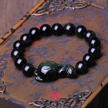 Load image into Gallery viewer, Handcrafted Natural Black Green Obsidian Beaded Fox Charm Bracelet
