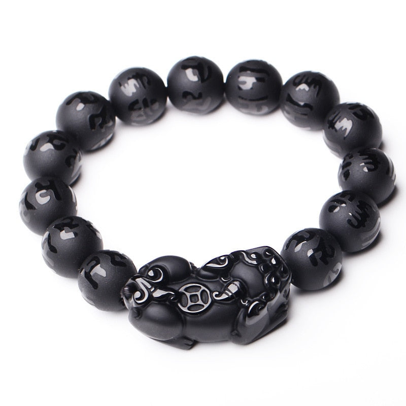 Handcrafted Natural Black Obsidian Tibetan Letter Beaded Piyao Charm Bracelet