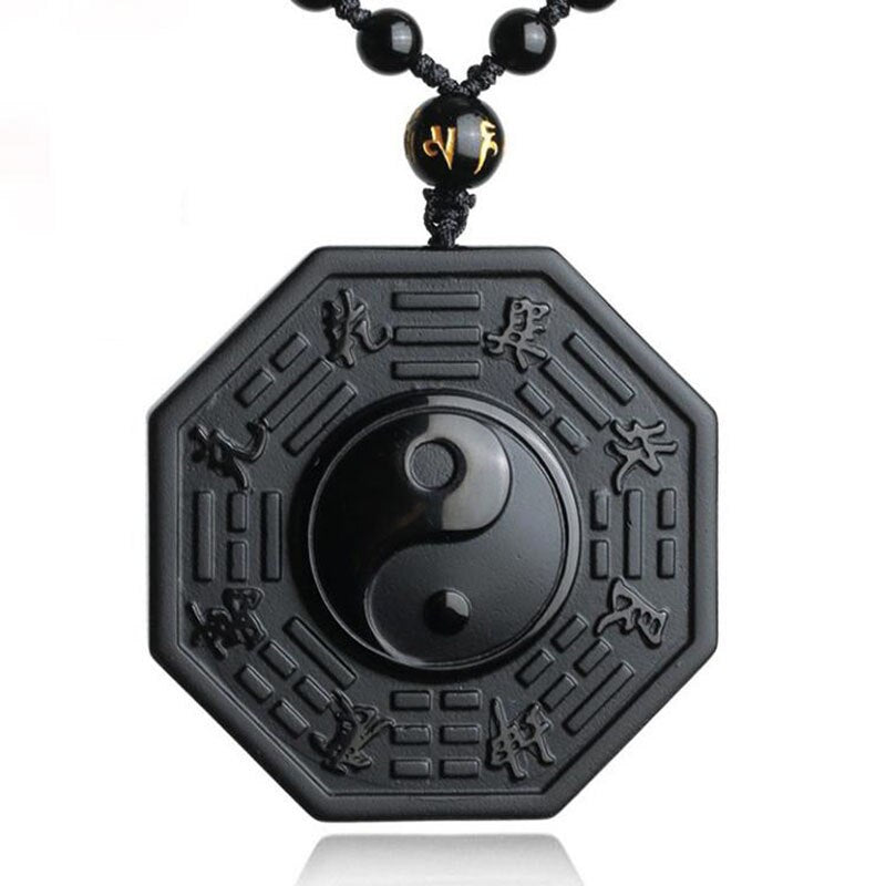 Handcrafted Natural Black Obsidian Ying Yang Amulet Energy Pendant Necklace