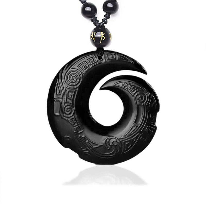 Handcrafted Natural Black Obsidian Good Fortune Runes Pendant Necklace