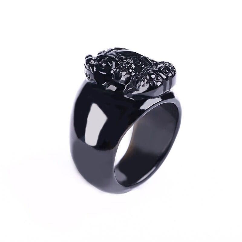 Natural Black Obsidian Fortune Piyao Engraving Protection Ring