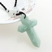 Load image into Gallery viewer, Hand-Carved Natural Light Green Jade Cross Pendant Necklace
