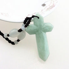 Load image into Gallery viewer, Hand-Carved Natural Light Green Jade Cross Pendant Necklace
