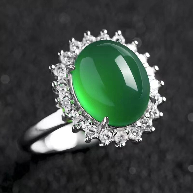 Lokaloca Natural Emerald Jade Blossom 925 Silver Jewelry Ring