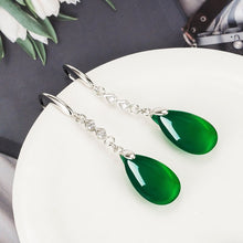 Load image into Gallery viewer, Lokaloca Natural Green Chalcedony Jade Water Drop Jewelry Earrings
