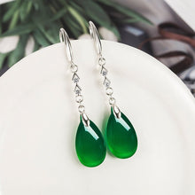 Load image into Gallery viewer, Lokaloca Natural Green Chalcedony Jade Water Drop Jewelry Earrings
