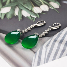 Load image into Gallery viewer, Lokaloca Natural Green Chalcedony Jade Water Drop Jewelry Earrings
