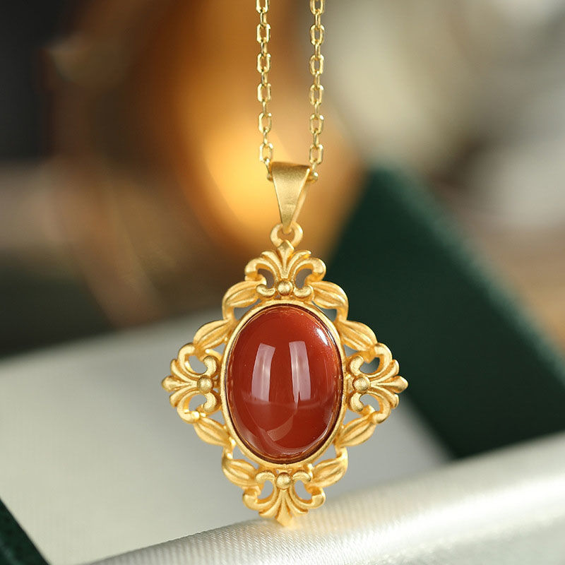 Natural Southern Red Agate Pendant Necklace Vintage Style Retro Luxury Lady Silver Jewelry