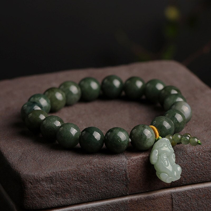 Lokaloca Natural Jade Beaded Good Fortune Piyao Charm Jewelry Bracelet