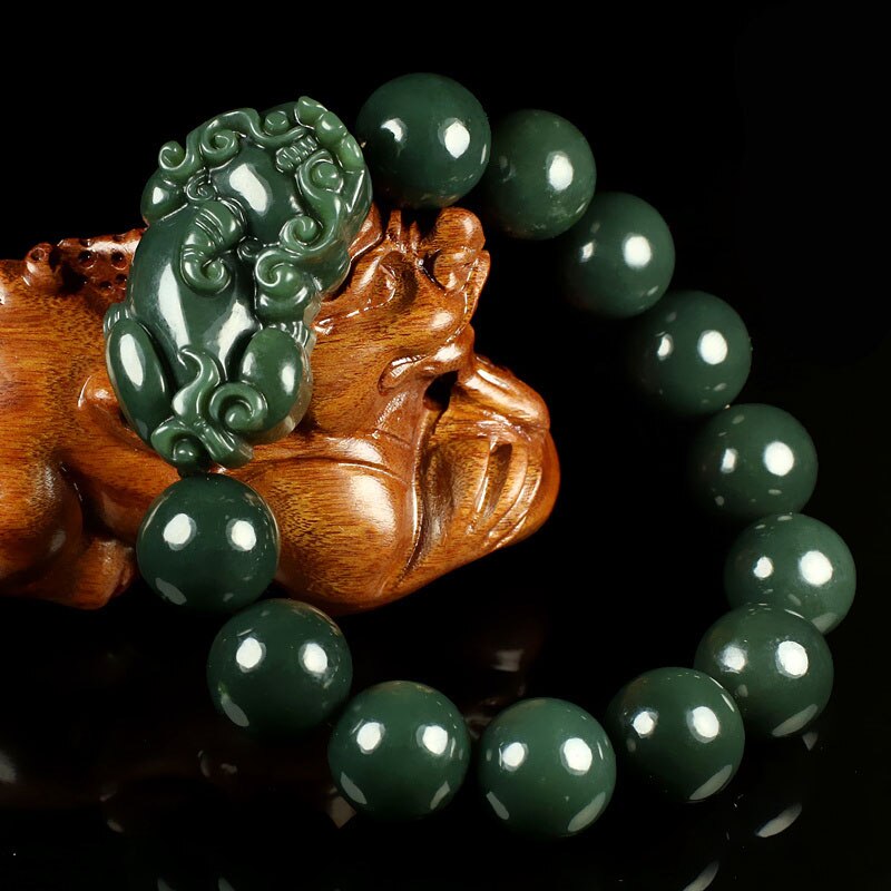 Lokaloca Natural Green Hetian Jade Handcrafted Fortune Piyao Charm Bracelet