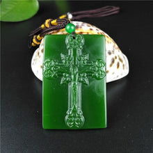 Load image into Gallery viewer, Natural Green Hetian Jade Jesus Cross Carved Jade Pendant Necklace Jadeite Jewelry
