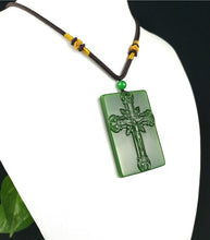 Load image into Gallery viewer, Natural Green Hetian Jade Jesus Cross Carved Jade Pendant Necklace Jadeite Jewelry
