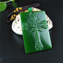 Load image into Gallery viewer, Natural Green Hetian Jade Jesus Cross Carved Jade Pendant Necklace Jadeite Jewelry
