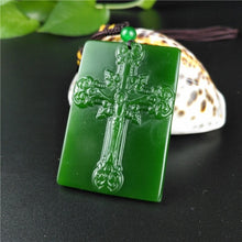 Load image into Gallery viewer, Natural Green Hetian Jade Jesus Cross Carved Jade Pendant Necklace Jadeite Jewelry
