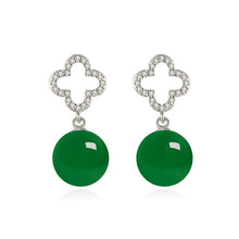 Load image into Gallery viewer, Lokaloca Natural Green Chalcedony Jade Zircon 925 Silver Clover Jewelry Earrings
