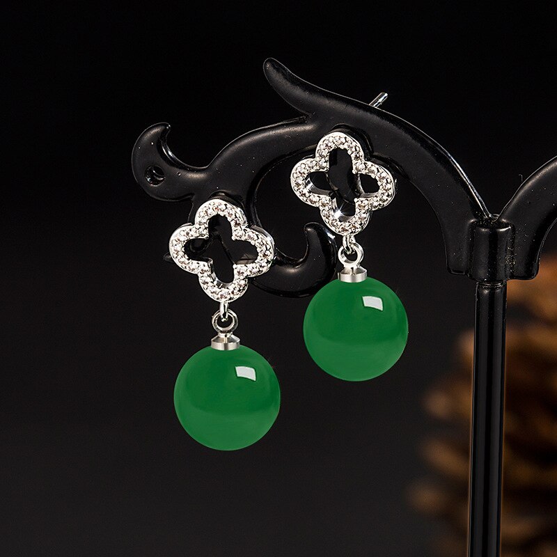 Lokaloca Natural Green Chalcedony Jade Zircon 925 Silver Clover Jewelry Earrings