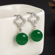 Load image into Gallery viewer, Lokaloca Natural Green Chalcedony Jade Zircon 925 Silver Clover Jewelry Earrings
