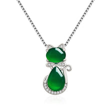 Load image into Gallery viewer, Lokaloca Natural Green Jade Chalcedony Cat Pendant 925 Silver Jewelry Necklace
