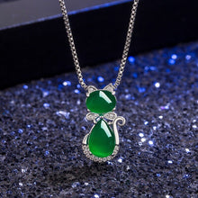 Load image into Gallery viewer, Lokaloca Natural Green Jade Chalcedony Cat Pendant 925 Silver Jewelry Necklace
