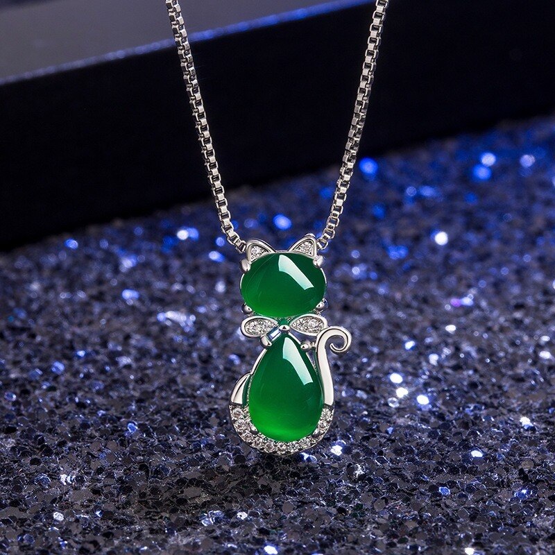 Lokaloca Natural Green Jade Chalcedony Cat Pendant 925 Silver Jewelry Necklace