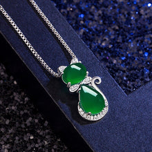 Load image into Gallery viewer, Lokaloca Natural Green Jade Chalcedony Cat Pendant 925 Silver Jewelry Necklace
