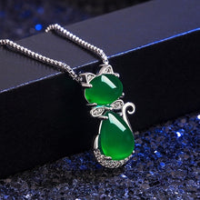 Load image into Gallery viewer, Lokaloca Natural Green Jade Chalcedony Cat Pendant 925 Silver Jewelry Necklace
