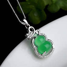 Load image into Gallery viewer, Lokaloca Natural Green Jade Chalcedony Lucky Gourd Pendant 925 Silver Jewelry Necklace
