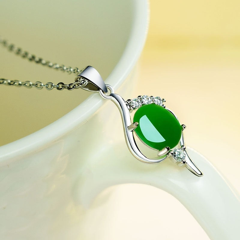 Lokaloca Natural Green Jade Chalcedony Oval Pendant 925 Silver Jewelry Necklace